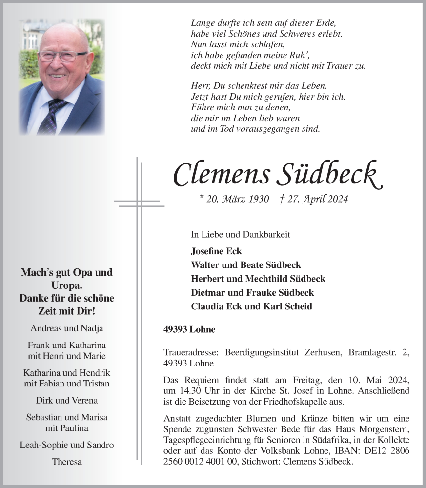  Traueranzeige für Clemens Südbeck vom 30.04.2024 aus OM-Medien