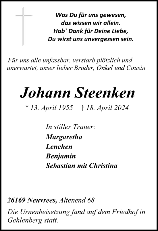 Anzeige von Johann Steenken von OM-Medien