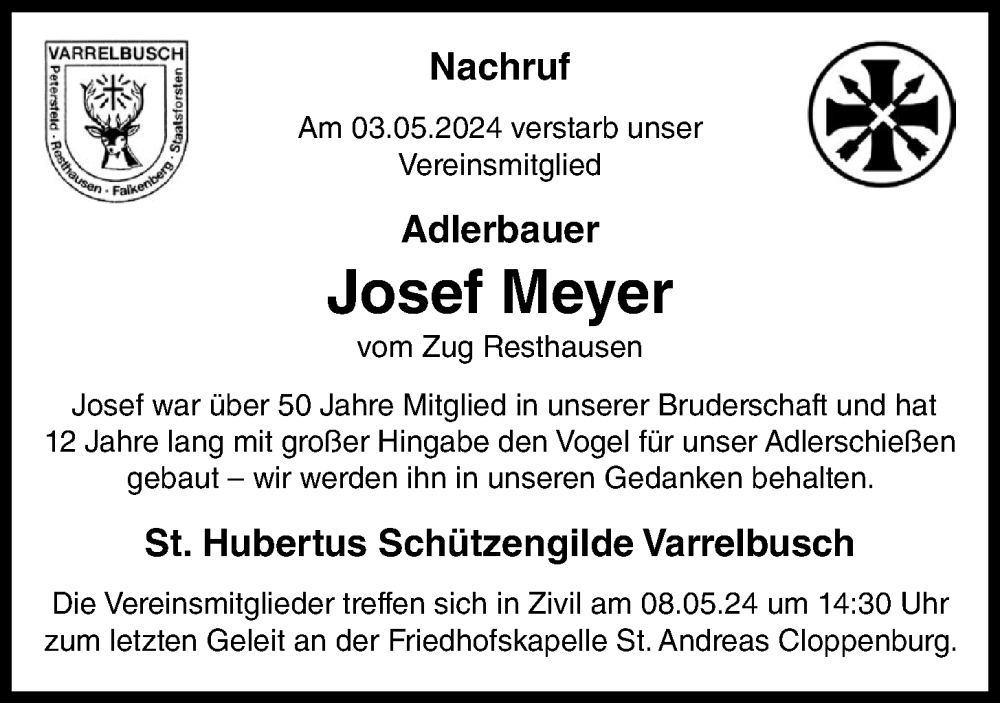  Traueranzeige für Josef Meyer vom 07.05.2024 aus OM-Medien