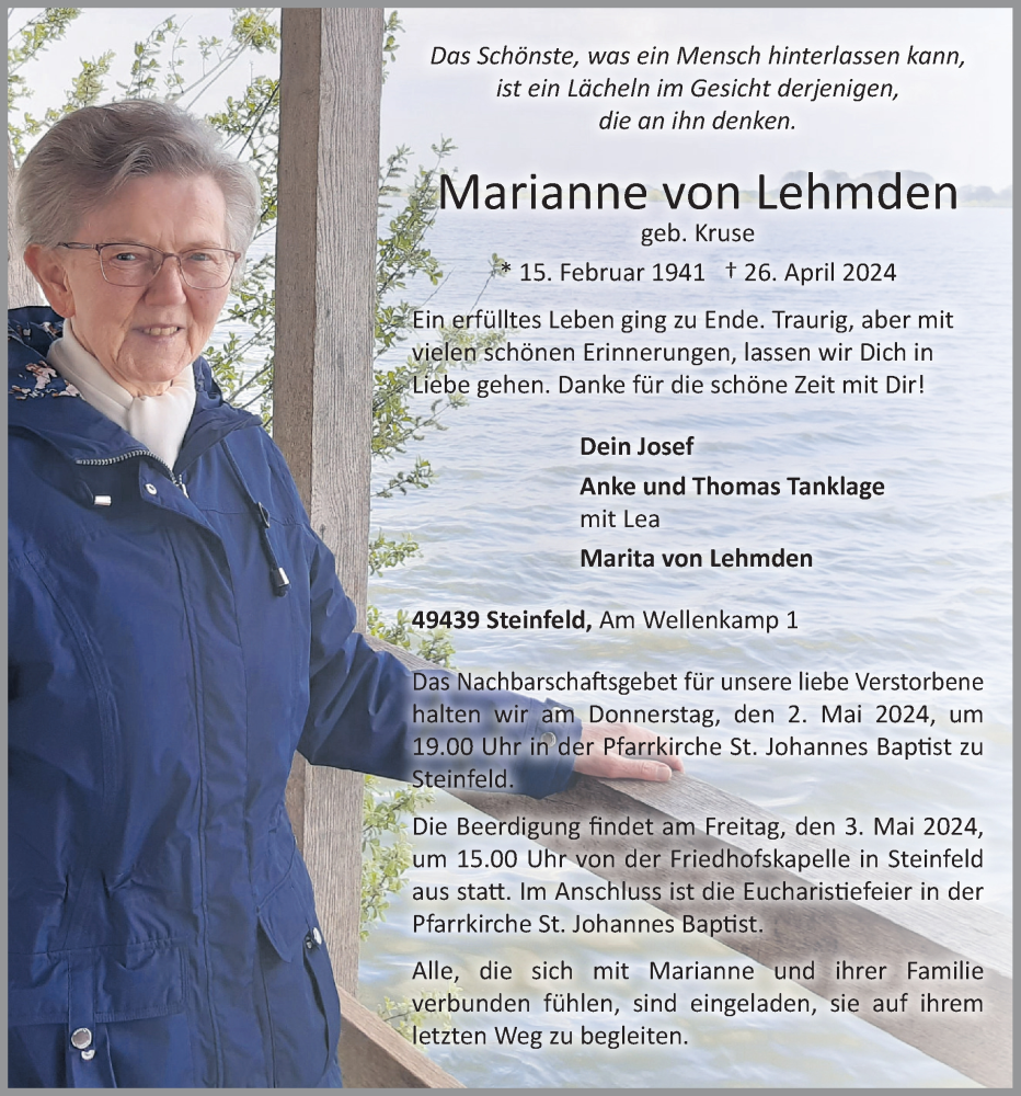 Traueranzeige für Marianne von Lehmden vom 30.04.2024 aus OM-Medien