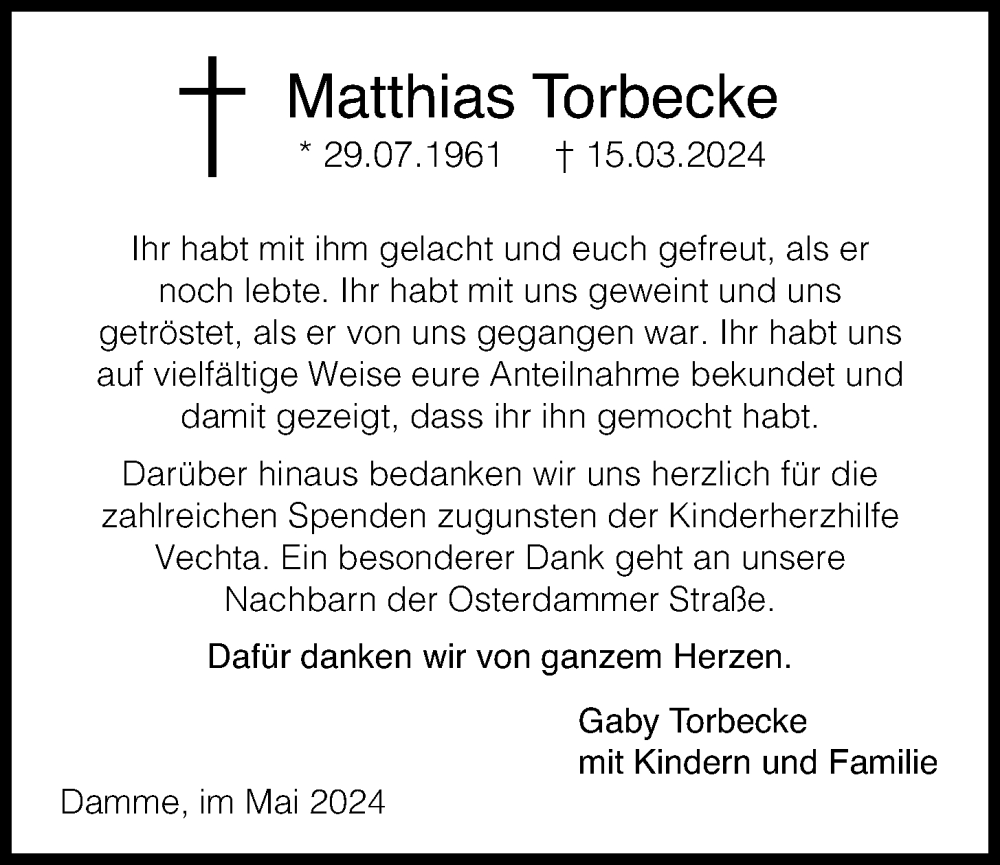 Traueranzeige für Matthias Torbecke vom 04.05.2024 aus OM-Medien