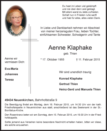 Anzeige von Aenne Klaphake von OM-Medien