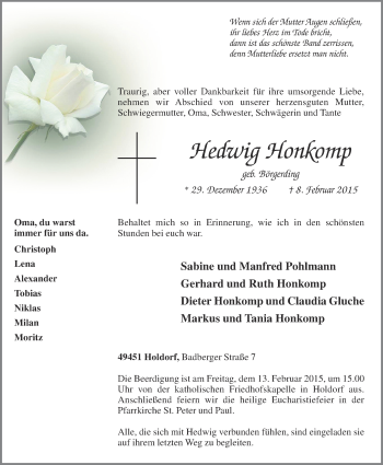 Anzeige von Hedwig Honkomp von OM-Medien