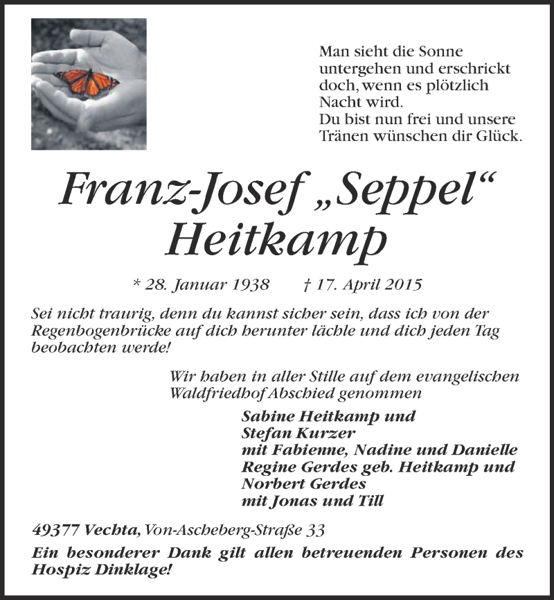  Traueranzeige für Franz-Josef Heitkamp vom 25.04.2015 aus OM-Medien