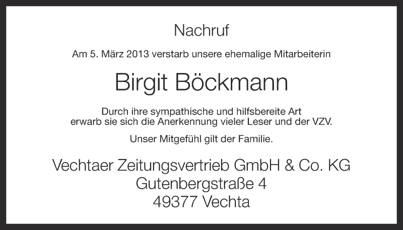  Traueranzeige für Birgit Böckmann vom 13.03.2013 aus OM-Medien
