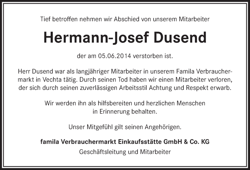  Traueranzeige für Hermann-Josef Dusend vom 19.06.2014 aus OM-Medien