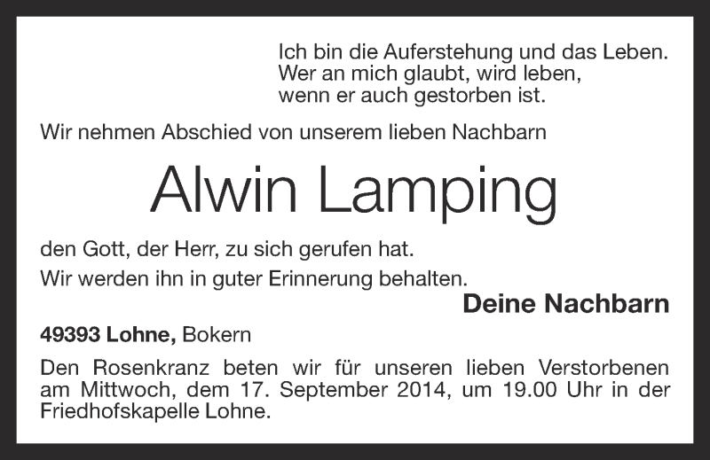  Traueranzeige für Alwin Lamping vom 16.09.2014 aus OM-Medien