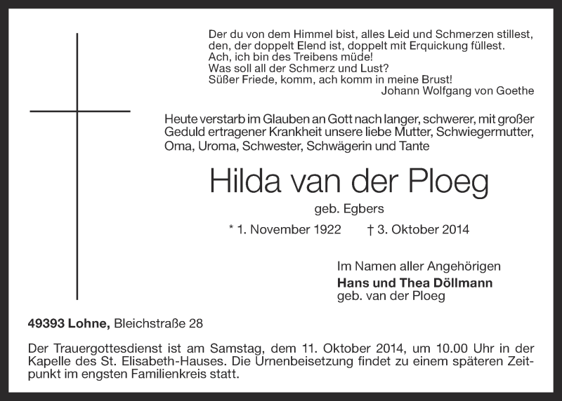 Traueranzeige für Hilda van der Ploeg vom 07.10.2014 aus OM-Medien