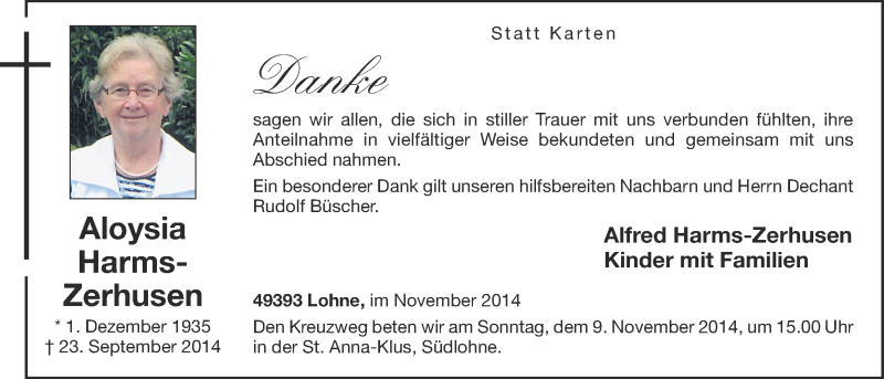  Traueranzeige für Aloysia Harms-Zerhusen vom 07.11.2014 aus Oldenburgische Volkszeitung