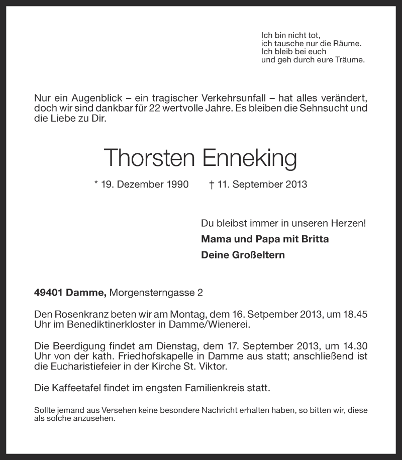  Traueranzeige für Thorsten Enneking vom 14.09.2013 aus Oldenburgische Volkszeitung