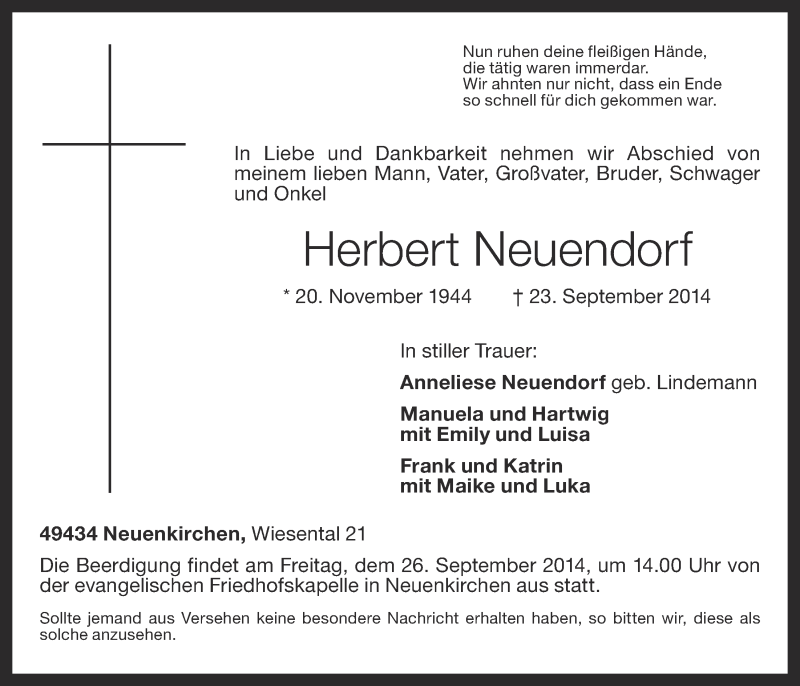  Traueranzeige für Herbert Neuendorf vom 24.09.2014 aus OM-Medien