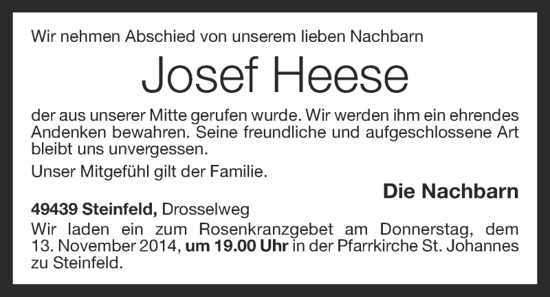  Traueranzeige für Josef  Heese  vom 12.11.2014 aus OM-Medien