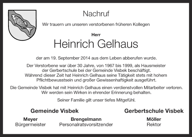  Traueranzeige für Heinrich Gelhaus vom 26.09.2014 aus OM-Medien