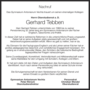 Anzeige von Gerhard Tebben von OM-Medien
