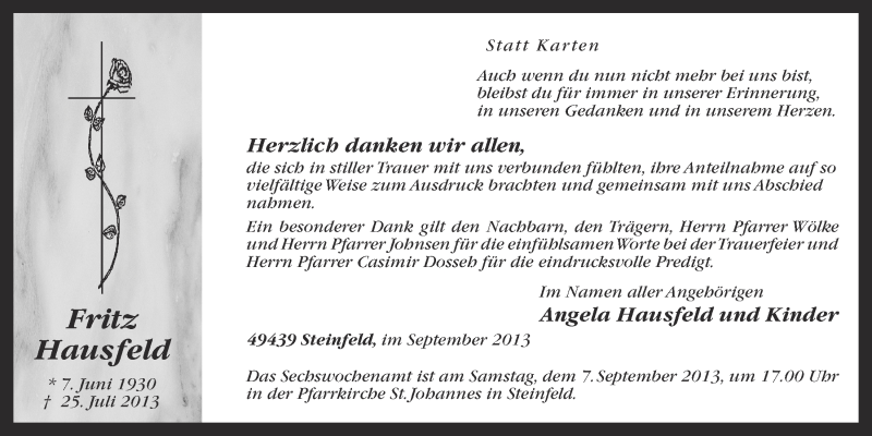  Traueranzeige für Fritz Hausfeld vom 05.09.2013 aus OM-Medien