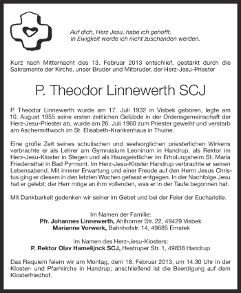 Anzeige von P. Theodor Linnewerth von OM-Medien