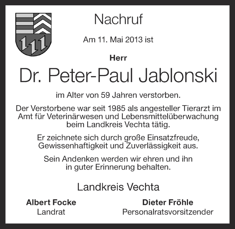  Traueranzeige für Peter-Paul Jablonski vom 18.05.2013 aus OM-Medien
