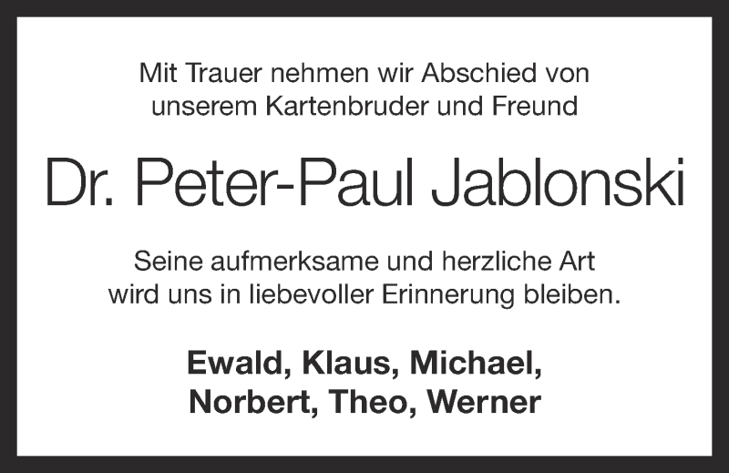  Traueranzeige für Peter-Paul Jablonski vom 17.05.2013 aus OM-Medien