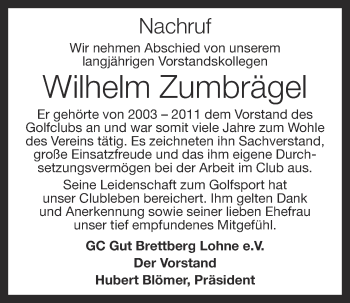 Anzeige von Wilhelm Zumbrägel von OM-Medien