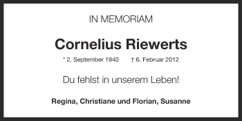 Anzeige von Cornelius Riewerts von OM-Medien