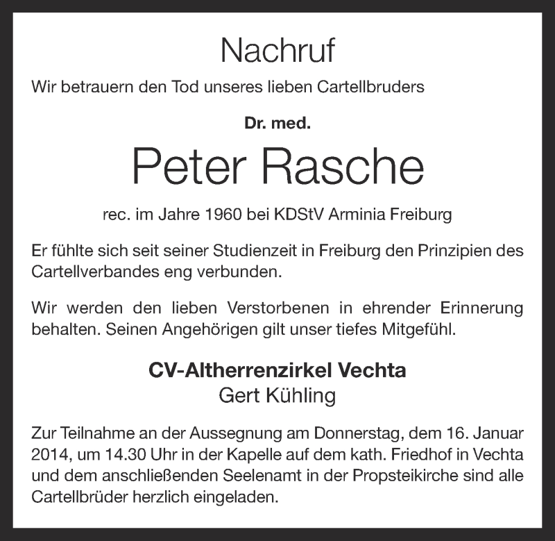  Traueranzeige für Dr. med. Peter Rasche vom 16.01.2014 aus Oldenburgische Volkszeitung