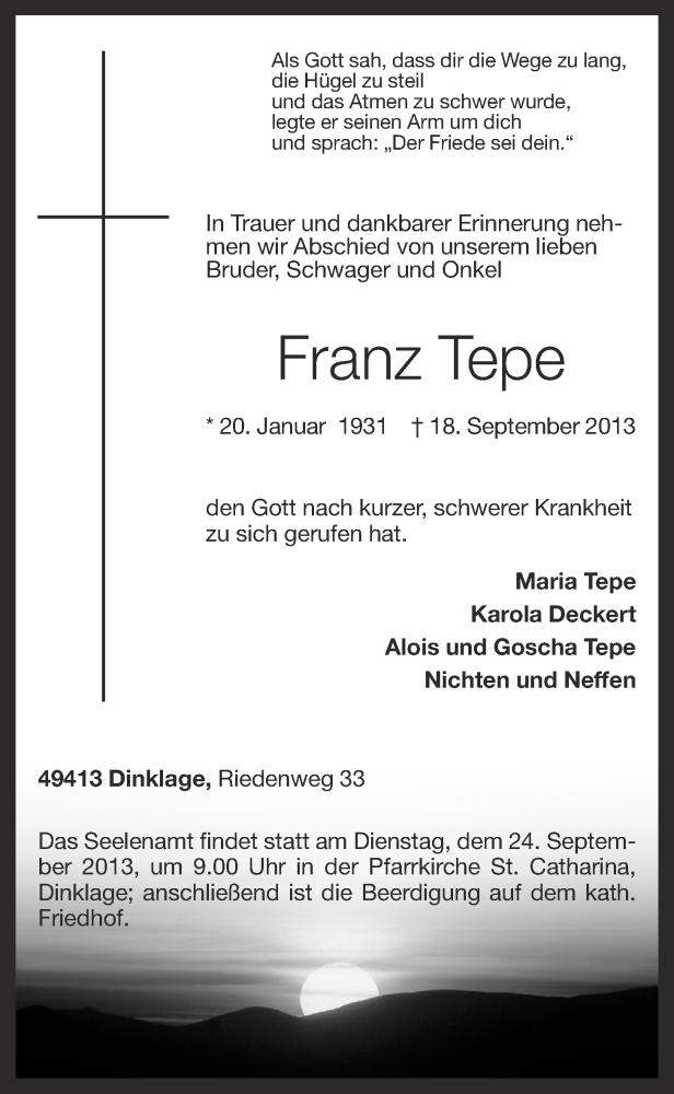  Traueranzeige für Franz Tepe vom 20.09.2013 aus OM-Medien