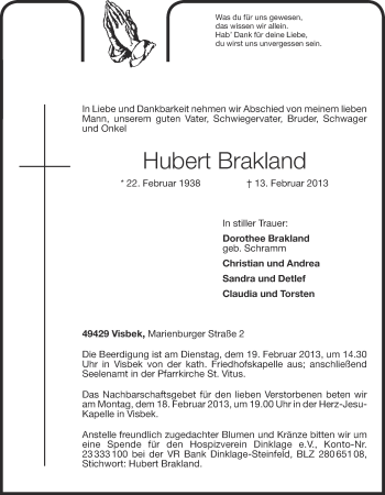 Anzeige von Hubert Brakland von OM-Medien