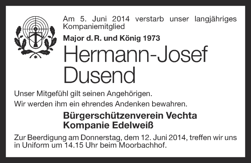  Traueranzeige für Hermann-Josef Dusend vom 11.06.2014 aus OM-Medien
