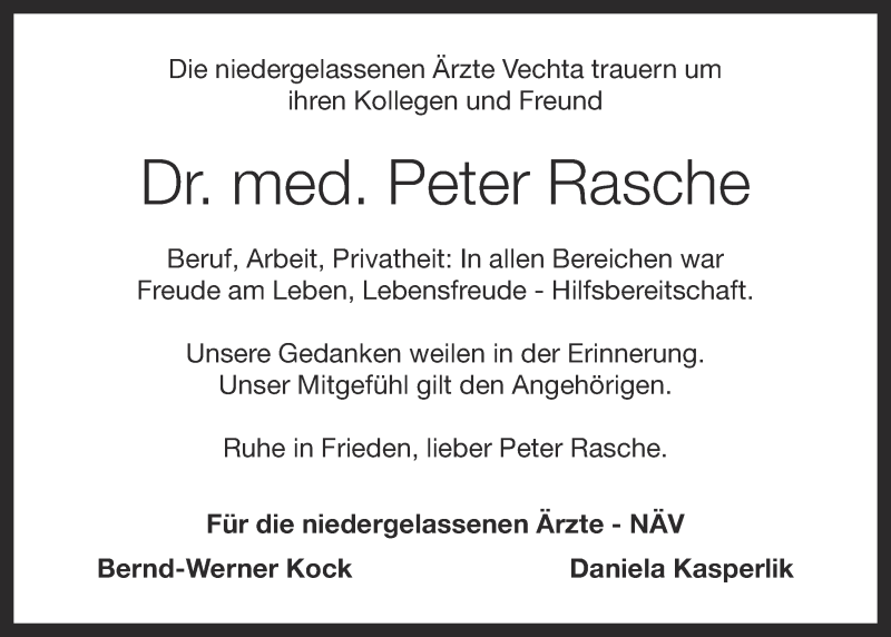  Traueranzeige für Dr. med. Peter Rasche vom 17.01.2014 aus Oldenburgische Volkszeitung