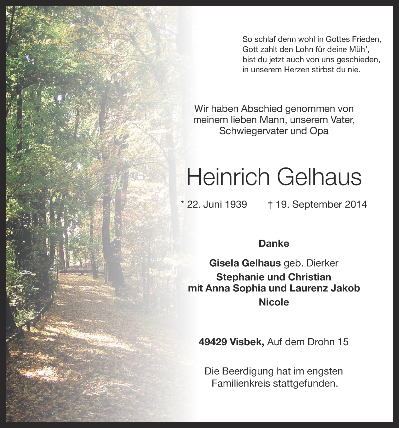  Traueranzeige für Heinrich Gelhaus vom 24.09.2014 aus OM-Medien