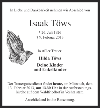 Anzeige von Isaak Töws von OM-Medien