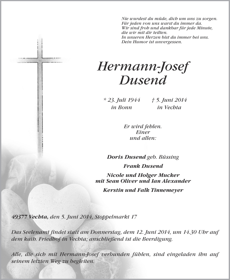  Traueranzeige für Hermann-Josef Dusend vom 07.06.2014 aus OM-Medien