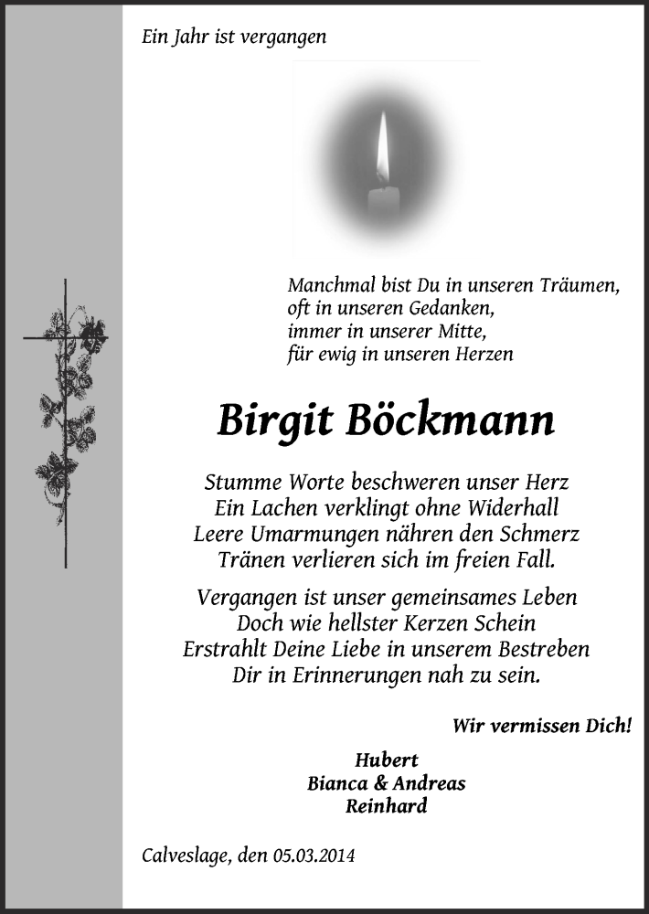  Traueranzeige für Birgit Böckmann vom 05.03.2014 aus OM-Medien