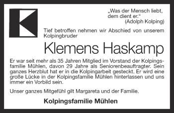 Anzeige von Klemens Haskamp von OM-Medien