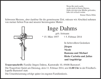 Anzeige von Inge Dahms von OM-Medien