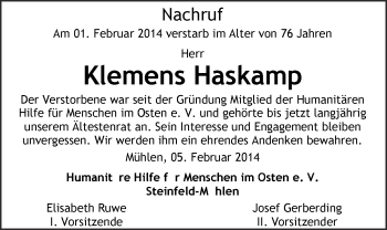 Anzeige von Klemens Haskamp von OM-Medien