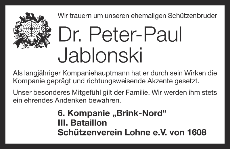  Traueranzeige für Peter-Paul Jablonski vom 18.05.2013 aus OM-Medien