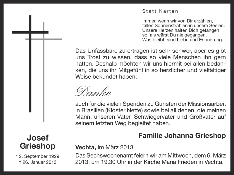  Traueranzeige für Josef Grieshop vom 02.03.2013 aus OM-Medien