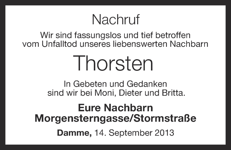  Traueranzeige für Thorsten Enneking vom 14.09.2013 aus Oldenburgische Volkszeitung