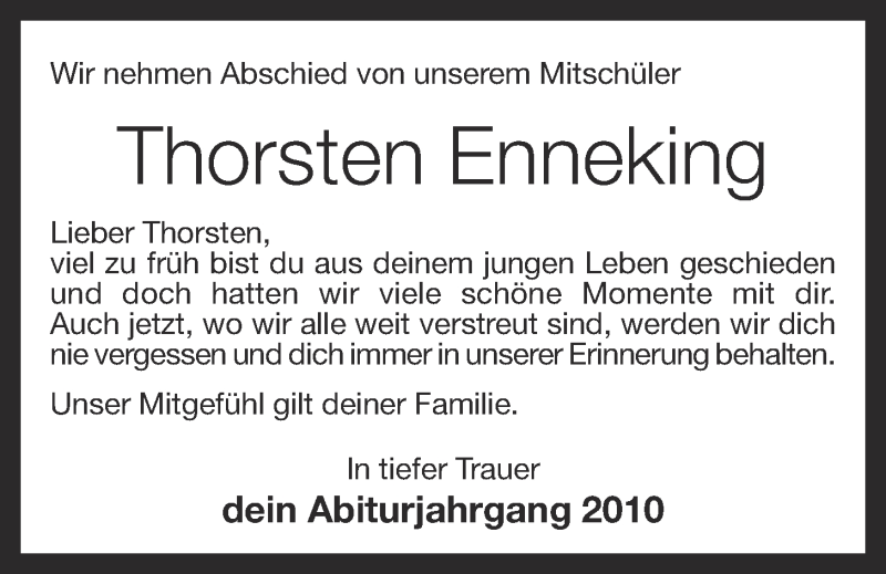  Traueranzeige für Thorsten Enneking vom 17.09.2013 aus Oldenburgische Volkszeitung