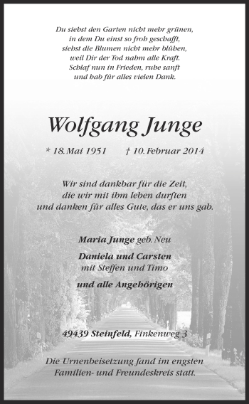 Anzeige von Wolfgang Junge von OM-Medien