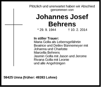 Anzeige von Johannes Josef Behrens von OM-Medien