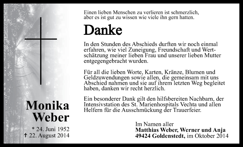 Traueranzeige für Monika Weber vom 04.10.2014 aus OM-Medien