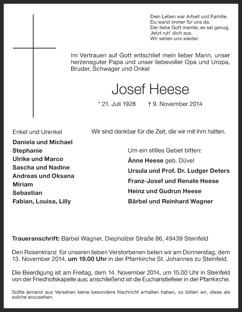  Traueranzeige für Josef  Heese  vom 12.11.2014 aus OM-Medien