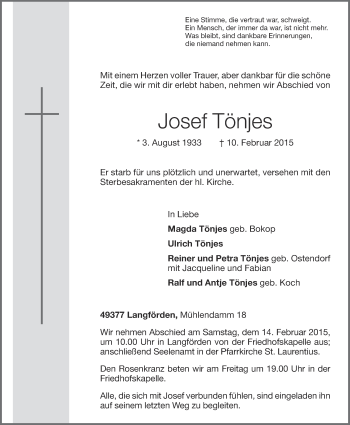 Anzeige von Josef Tönjes von OM-Medien