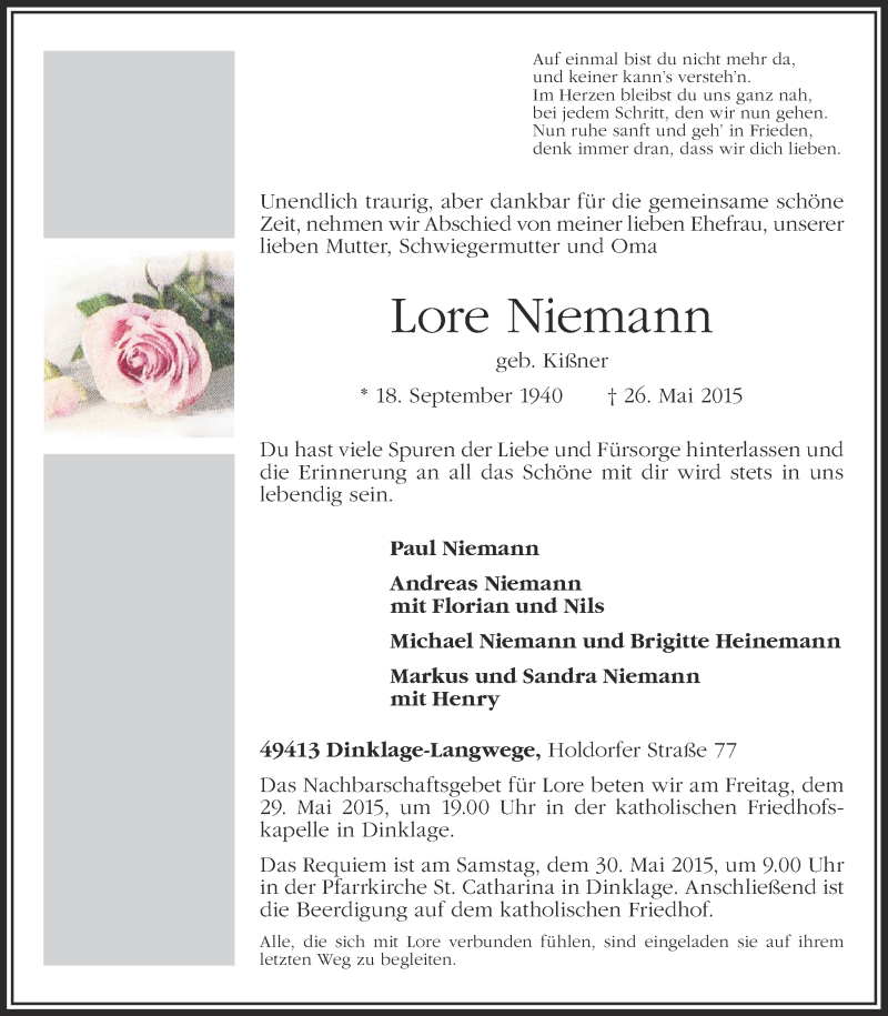  Traueranzeige für Lore Niemann vom 27.05.2015 aus OM-Medien