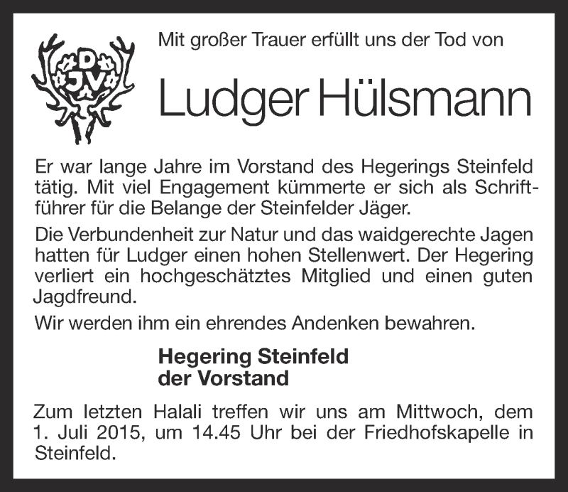  Traueranzeige für Ludger Hülsmann vom 30.06.2015 aus OM-Medien
