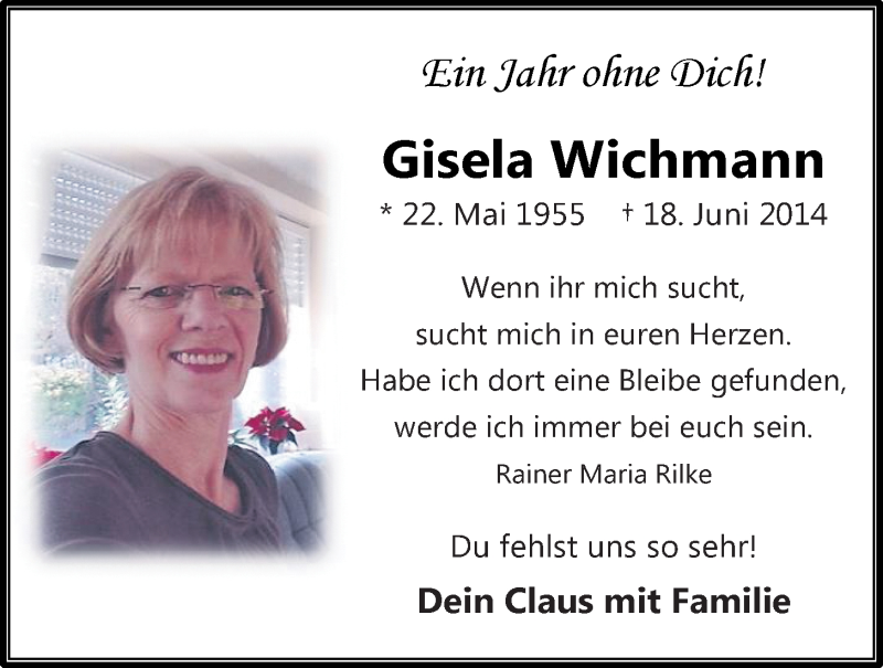  Traueranzeige für Gisela Wichmann vom 18.06.2015 aus OM-Medien