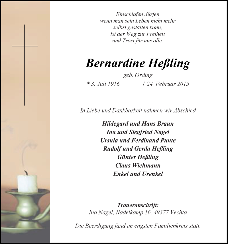  Traueranzeige für Bernardine Heßling vom 28.02.2015 aus OM-Medien