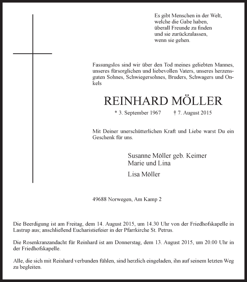 Traueranzeige für Reinhard Möller vom 11.08.2015 aus OM-Medien